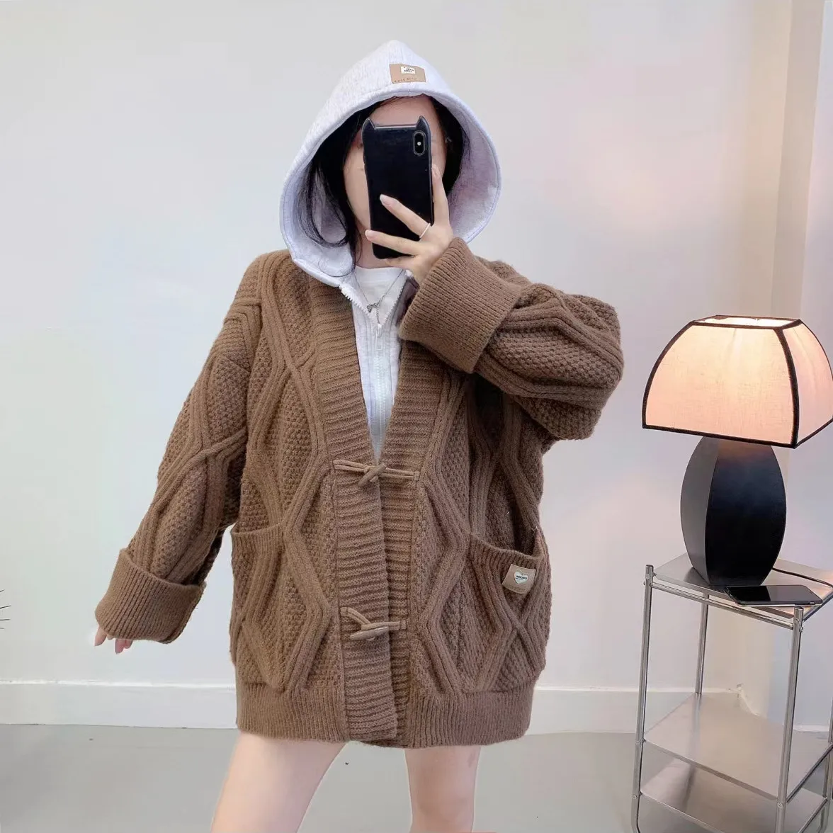 

Knitted Spliced Autumn Winter Fashion Warm Hooded Women Sweater Coat Loose Thick Female Cardigans Jacket