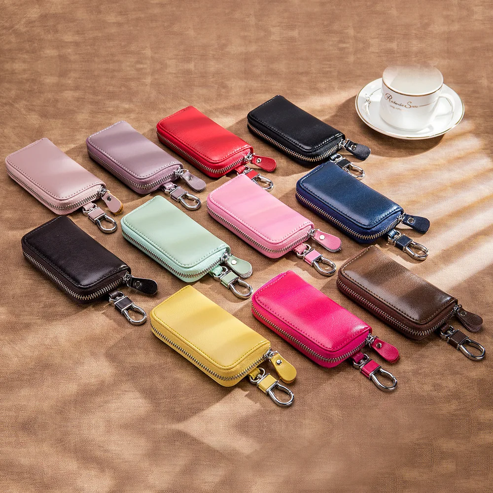 Genuine Leather Men Women Key Holder House Keychain Bag Organizer Car Key Case Pouch Multifunction Mini Wallet Coin Purse