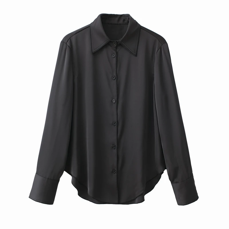 

Women Black Shirt Spring 2022 New Fashion Oversized Satin Blouse Loose Clothing Female Casual Blusa Top Wear
