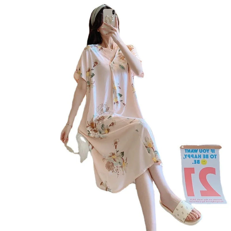 Cotton Silk Nightdress Ladies Summer New Short-sleeved Cartoon Printing Pajamas Korean Version Loose Home Service