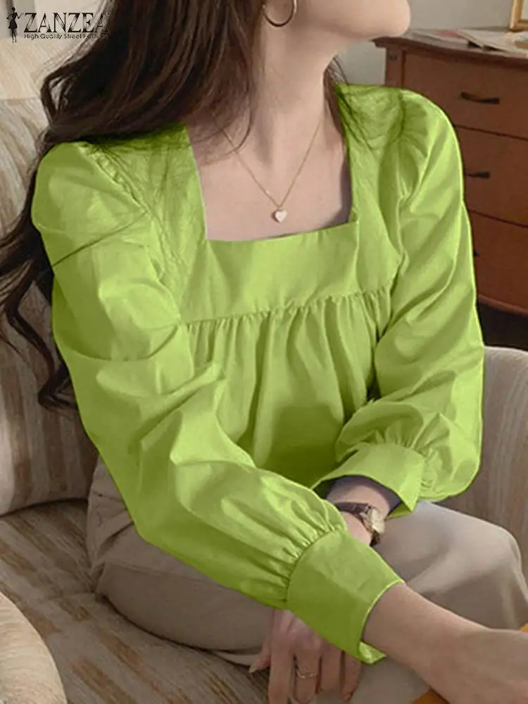 

Женская винтажная блузка ZANZEA с квадратным вырезом, Длинная женская повседневная плиссированная блузка сезона осень 2022, модный Свободный од...