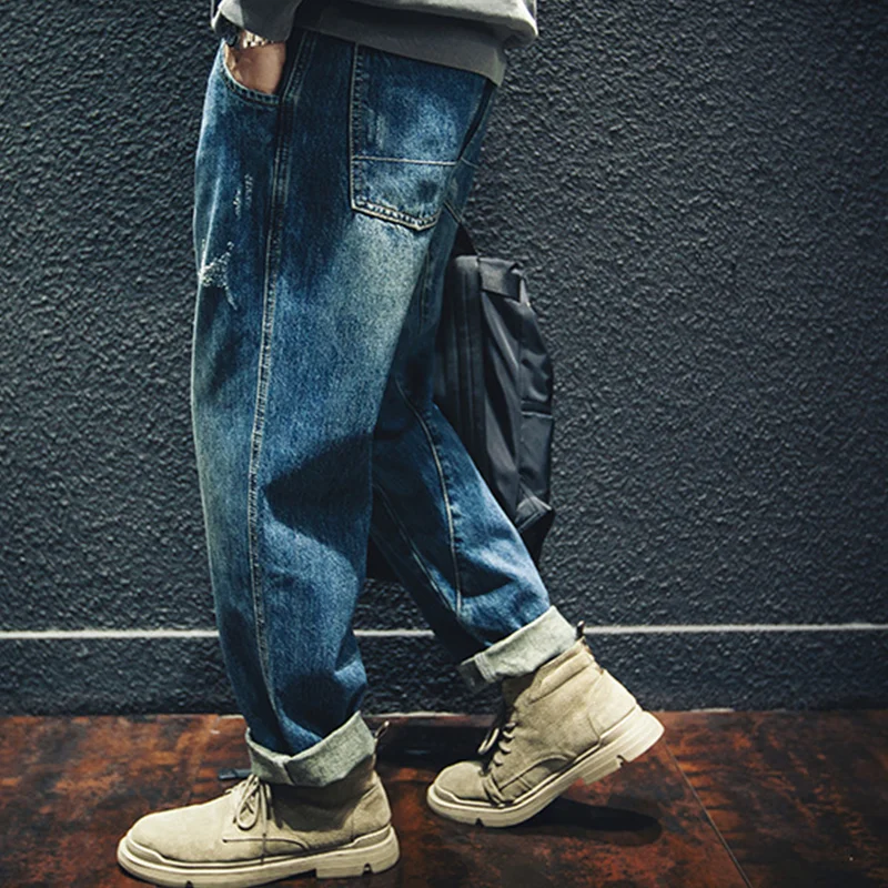 Streetwear Men 2022 New Pattern Vintage Recreational Blue Pants American Straight Cylinder Comfortable Loose Jeans Autumn Female