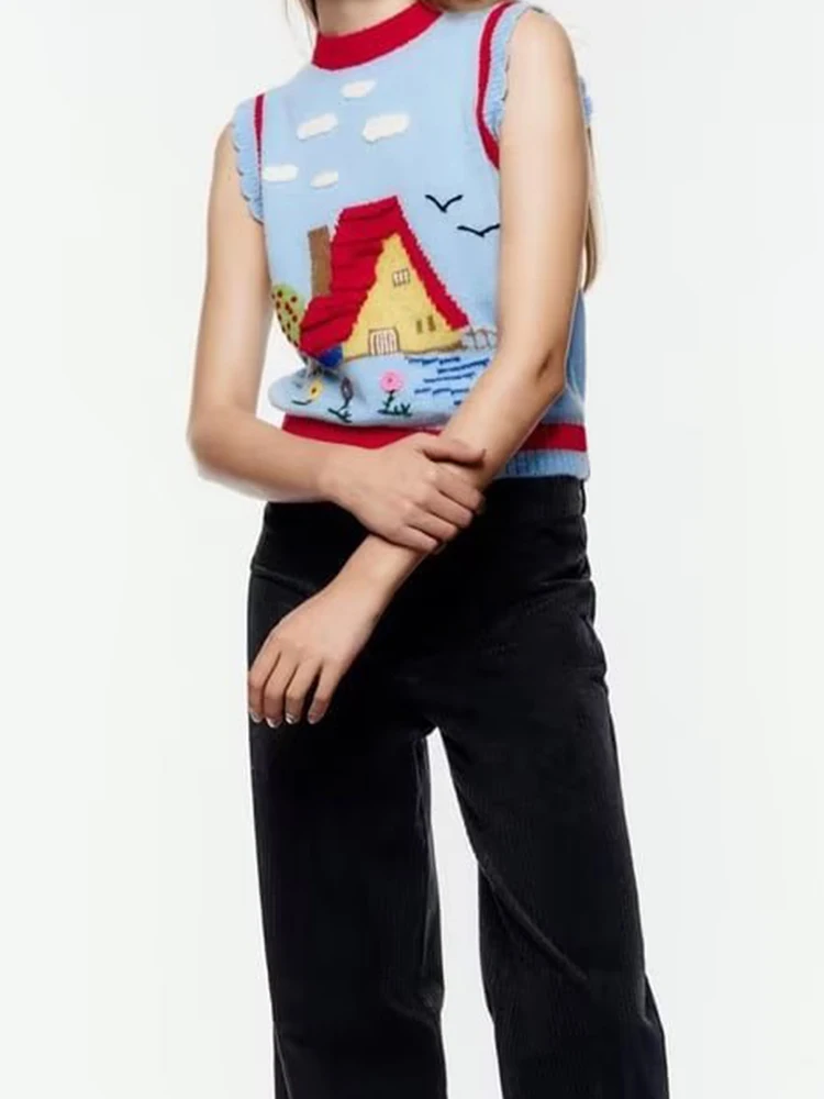 

New Fashion Women Embroidered Knit Vest O Neck Sleeveless Female Crop Top