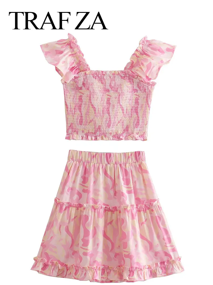 

TRAF ZA Elegant Girly Ruffle Strap Short Tank Top Cute Elastic Waist Women's Short Skirt Sweet Pink Print Lady Summer Outfit