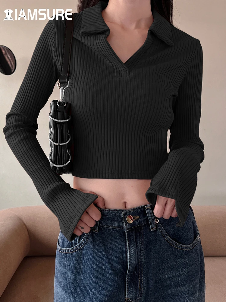 

IAMSURE Basic Solid Ribbed Cropped T Shirt Preppy Style Ribbed Turn-Down Collar V-Neck Long Sleeve Tees Women 2022 Autumn Winter