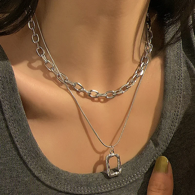

Punk Hip Hop Sliver Pendant Necklaces For Women Men Double Layer Chains Stainless steel Choker Necklace Charms Goth Jewelry Gift