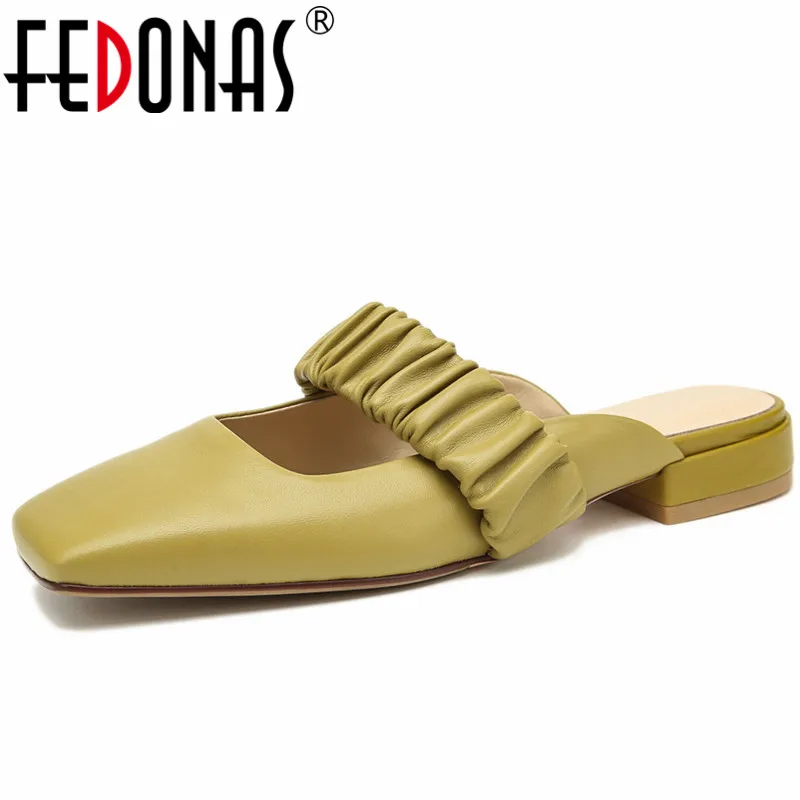 

FEDONAS Sweet Elegant Women Sandals Quality Genuine Leather Square Toe Low Heels Mules Summer Casual Slippers Shoes Woman Pumps