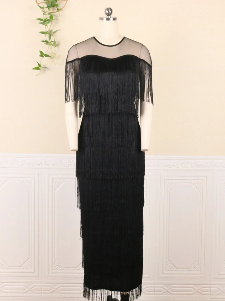 2022 Plus Size Elegant Tassel Long Dresses Bodycon Tulle Patchwork Curvy Women Clothes Birthday Evening Party Event Gowns Dress