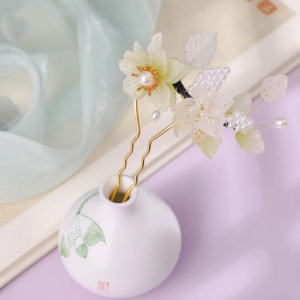 

Glazed Hairpins Fork Hair Clips Flower Braided Chinese Hanfu Hair Accessories Vintage Green Floral Alloy Headpiece Bride Jewelry