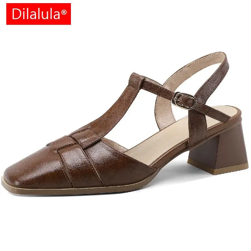 

Dilalula Vintage T-Strap Women Genuine Leather Sandals Summer Party Office Ladies Casual Genuine Leather Thick Heels Shoes Woman