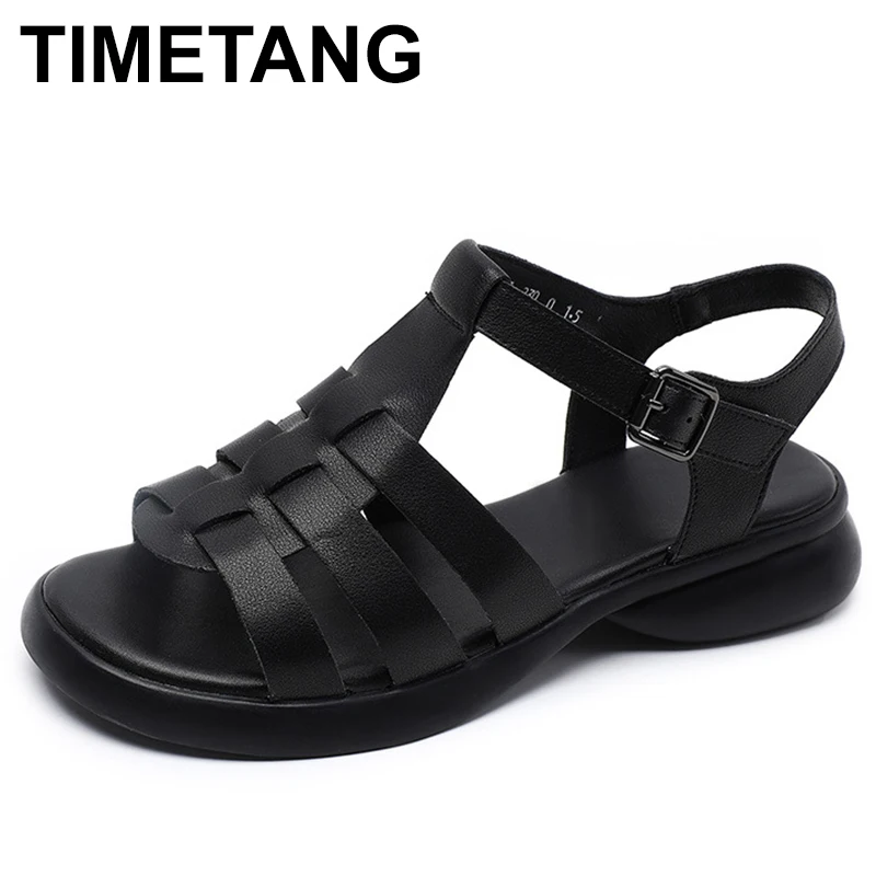 

Genuine Leather Women Sandals Round Toe Low Heel Summer Women Shoes Roman Black Shoes for Women Handmade Shoes Женские сандалии
