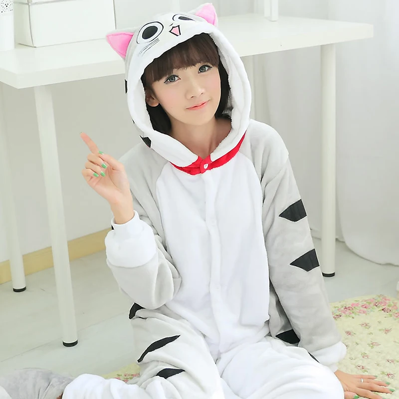 Flannel Cartoon Kigurumi Cat Pajama Set Adult Women Animal Hooded Onesie Halloween Christmas Cosplay Onepiece Warm Men Sleepwear