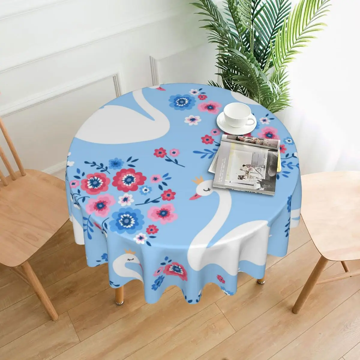 

Cute Cartoon Swan Princess Birds Flowers Round Table Cloth Polyester Kitchen Tablecloth Decorative Elegant Fabric Table Cover