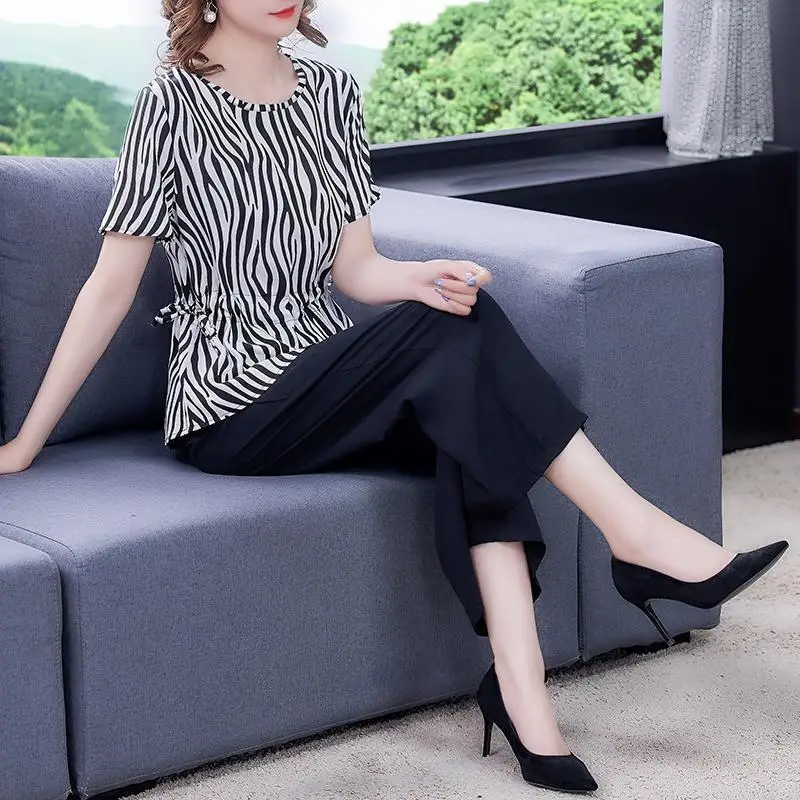 

Women 2022 Summer New Print Fashion Clothes Set Female Thin Soft Cotton Loose Cozy Casual Sets Pants Tops Two Piece Suits E57