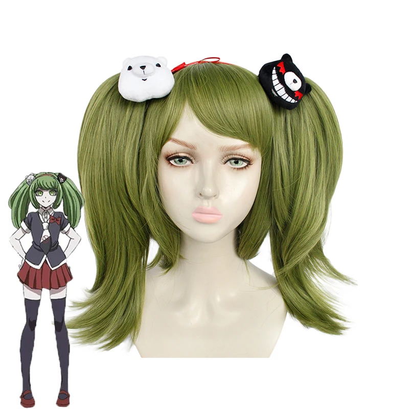 Danganronpa Another Episode:ultra Despair Monaca Towa Wig Cosplay Costume Dangan Ronpa Green Short Clip Ponytails Hair Wigs Prop