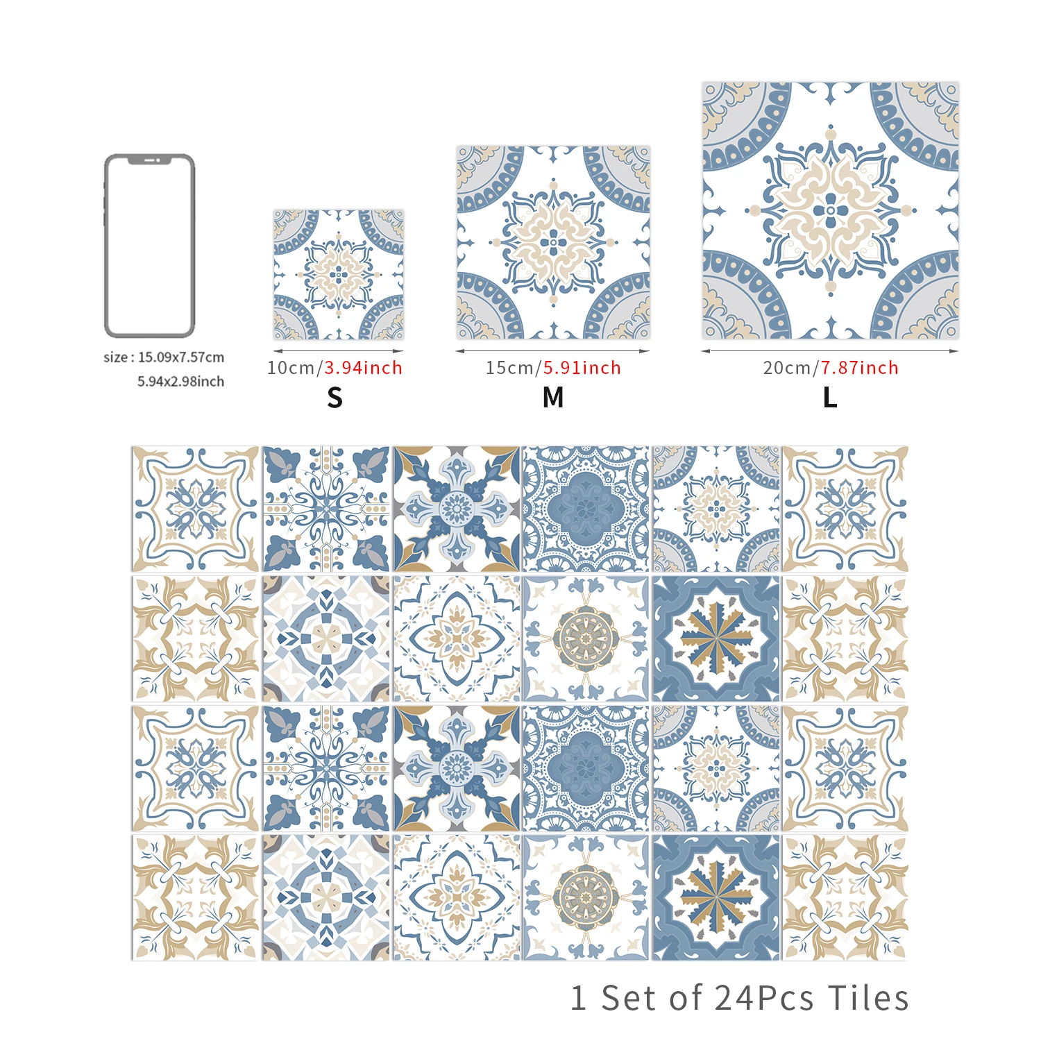 24pcs Mandala Retro Pattern PVC Glossy Self Adhesive Tile Sticker Kitchen Bathroom Home Decoration Wall Decals Waterproof - купить по