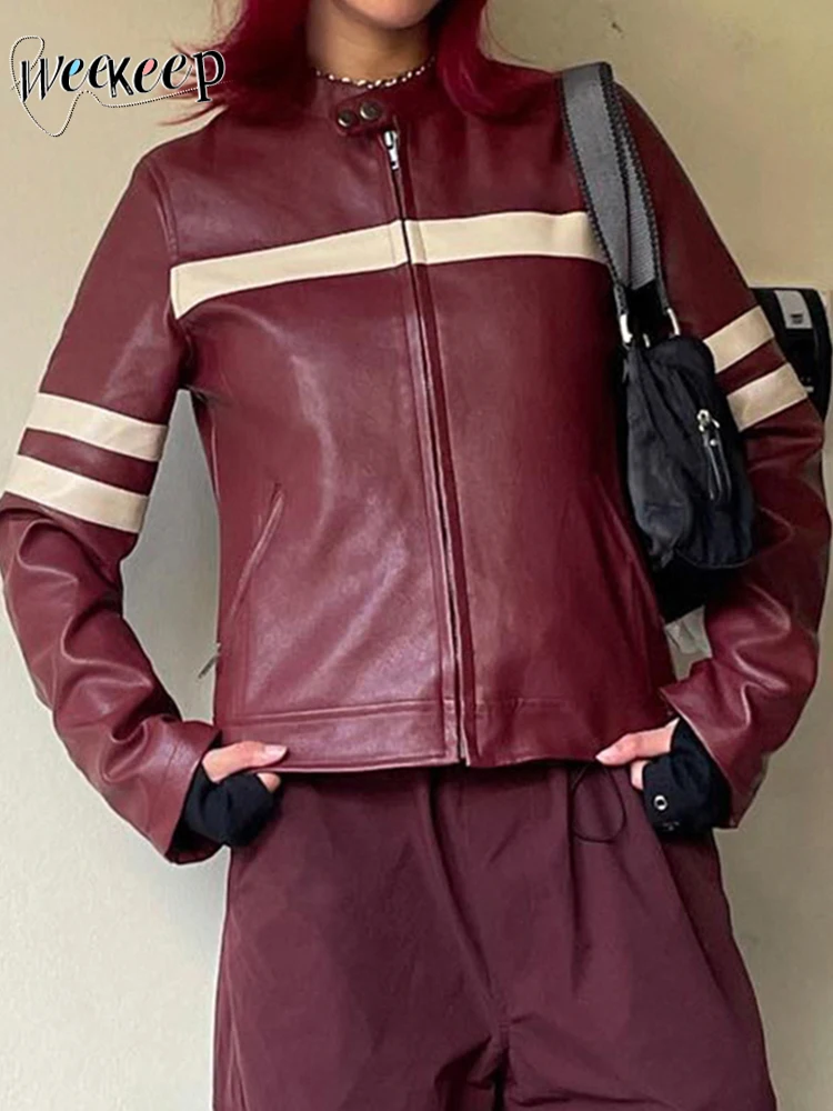 

Weekeek Casual Leather Cropped Jacket Streetwear Zip Up Long Sleeve Women's PU Coat 2023 Autumn Winter Fashion Outerwear y2k New