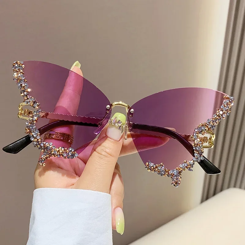 

Очки солнцезащитные женские без оправы, винтажные брендовые большие солнечные очки в форме бабочки со стразами, y2k
