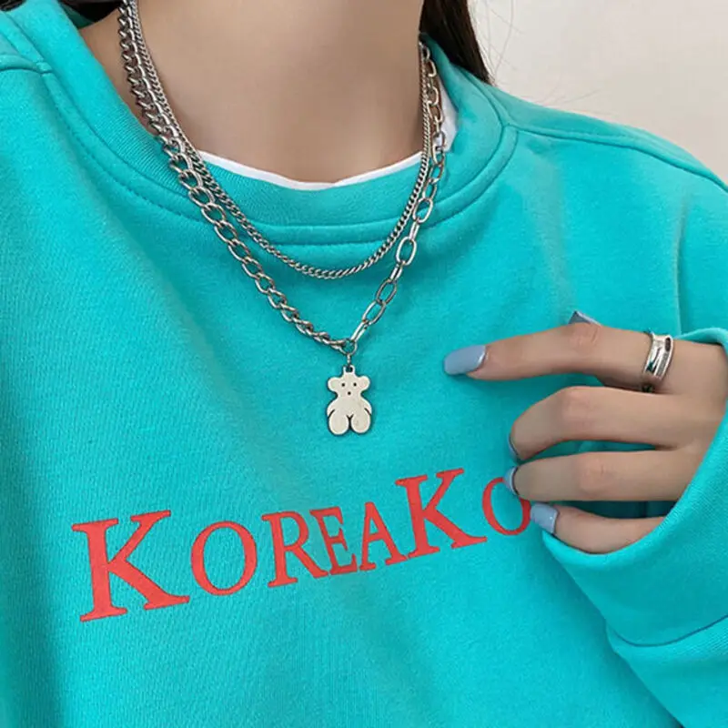 

Fashion Minimalist Stainless Steel Bear Pendant Necklace Women's Thick Chain Soil Cool Girls Bungee Couple Necklace Trendy