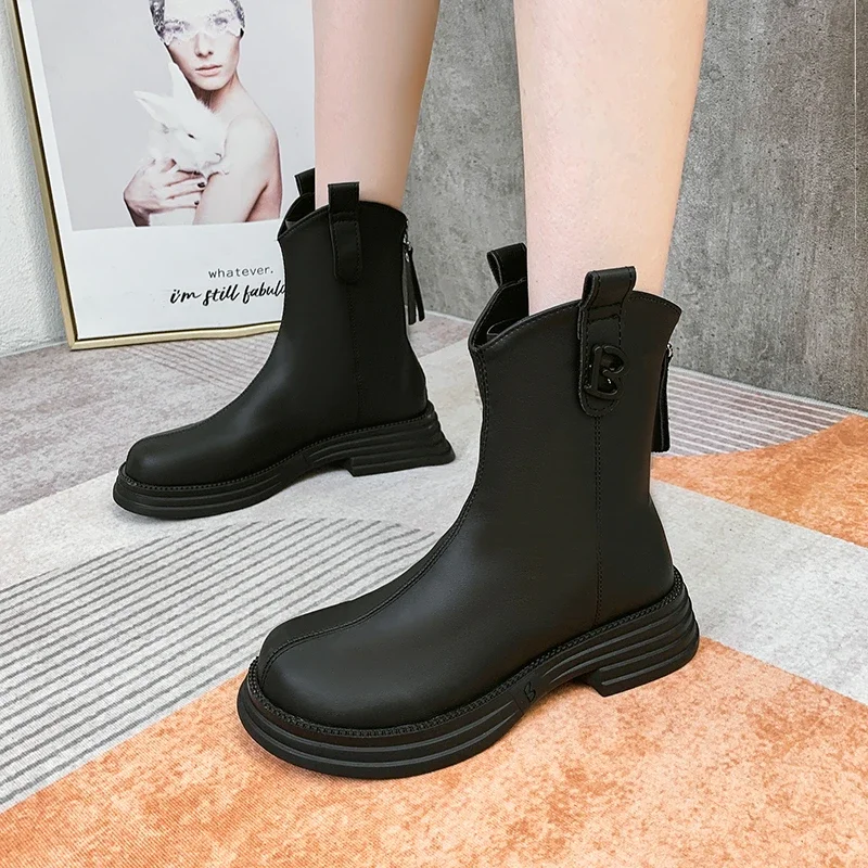 

Med Heel Boots Winter Shoes For Women Round Toe Zipper Clogs Platform Plush Boots-Women 2024 Autumn Fur Ankle Padded