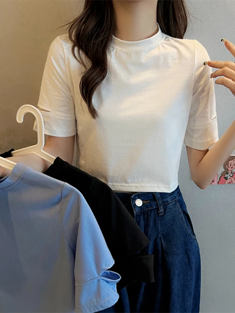 

2023 Cotton Women Tshirt Top New Hollow-out Short Sleeve O-Neck T-Shirts Womens Korean Casual Slim T Shirt Lady Crop Tops