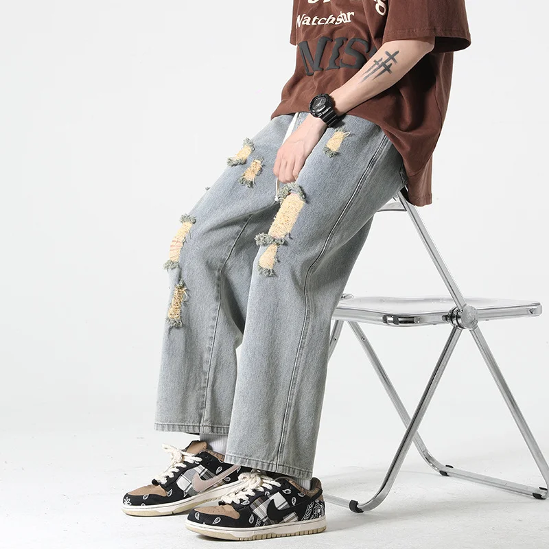 DEEPTOWN Vintage Ripped Jeans Men Retro Distressed Denim Trousers Male Hole Pants Punk Loose Casual Streetwear Hip Hop Spring