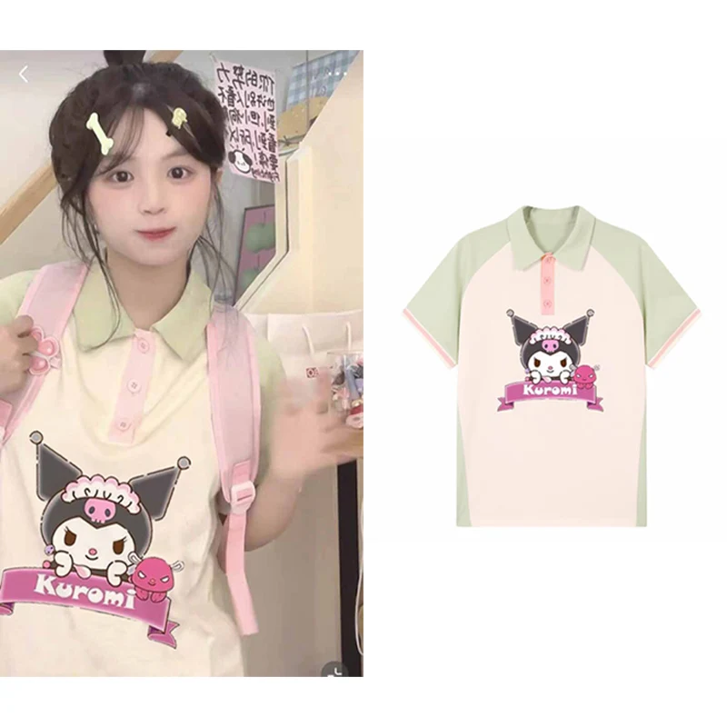 

Kawaii Sanrios Kuromi с коротким рукавом Удобная дышащая аниме милая мультяшная футболка Повседневная универсальная женская