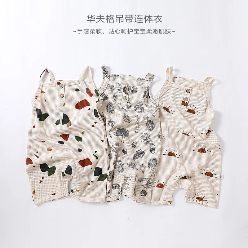 

Детское боди с подвесным ремешком, вафельное Боди без рукавов с принтом для мальчиков и девочек, для новорожденных