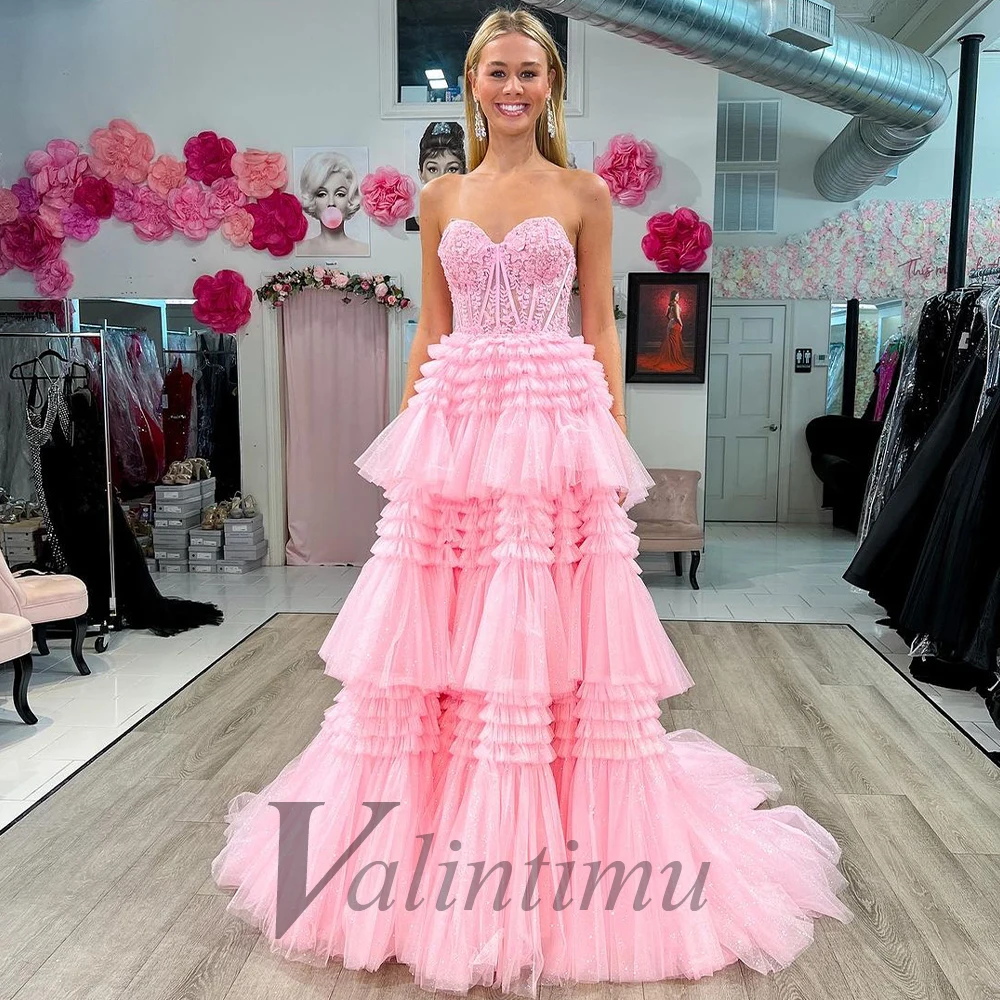 

Привлекательные вечерние платья Valintimu из тюля без рукавов для женщин, блестящие многоярусные платья с аппликацией и блестками, на заказ, праздничное платье