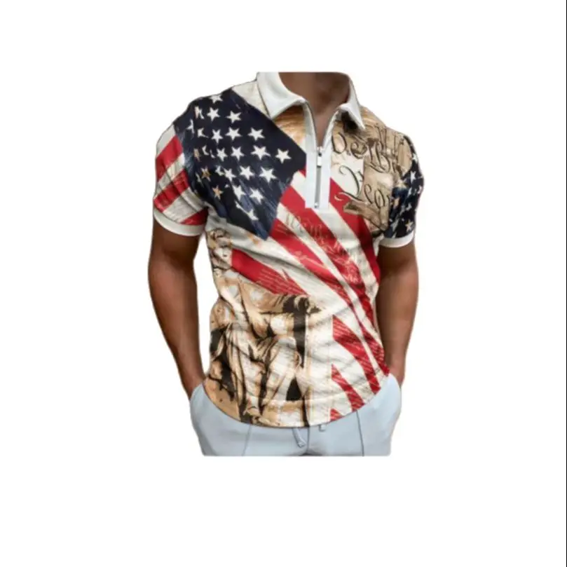 

Men's Summer Clothing Polo Shirts Streetwear Flag Print Casual Short Sleeve Tee Shirt Men Turn-Down Collar Zipper Prom Polo Tops