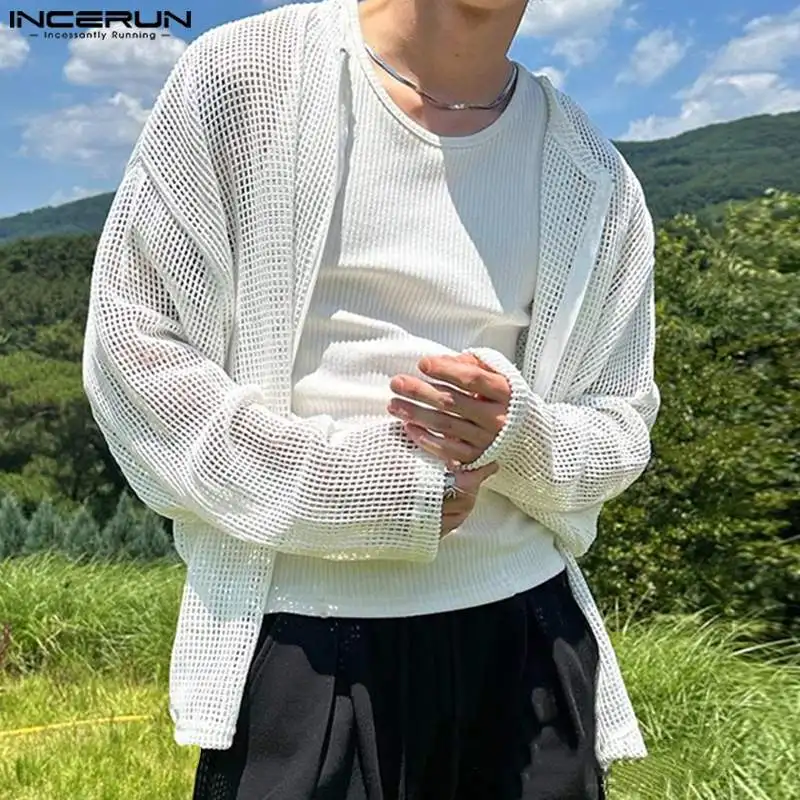 Рубашка INCERUN Мужская сетчатая Прозрачная с круглым вырезом и длинным рукавом на