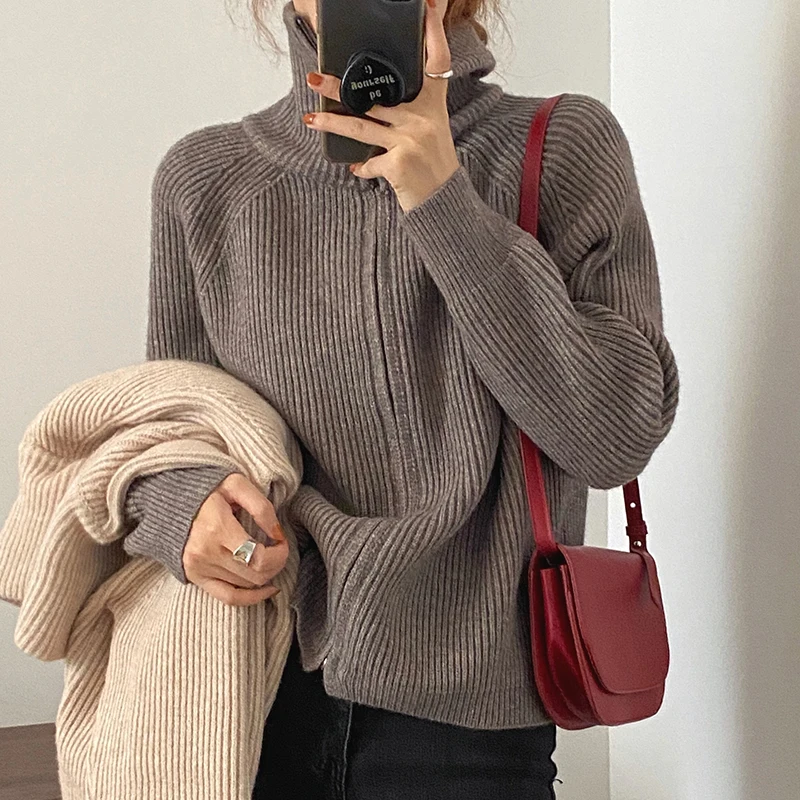 

Autumn Winter Sweaters For Women Vintage Zipper Turn-down Collar Long Sleeve Femme Cardigans Loose Casual Fashion Woman Sweater
