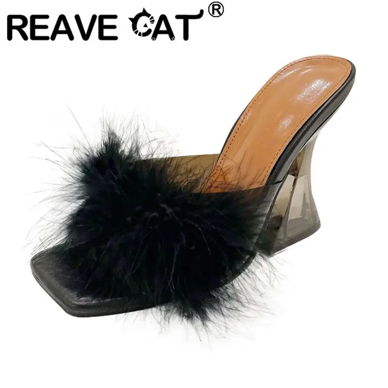 

REAVE CAT Ladies Sandals Mules Open Toe Chunky High Heels Feather Slip-on Female Slippers Plus Size 35-41 Green Black Sexy S3883