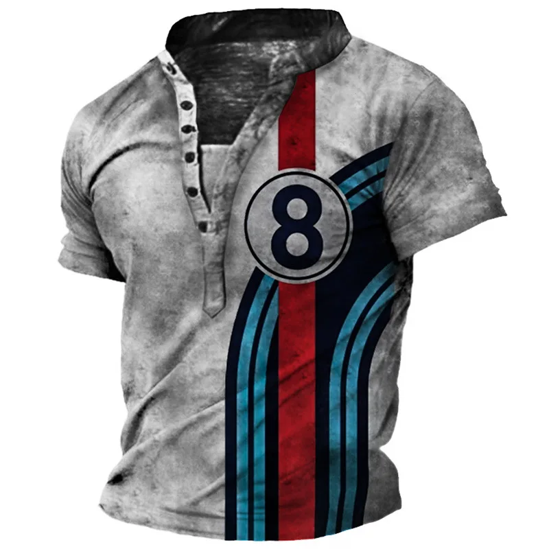 Summer New Fashion Men's Muscle Six Button V-neck Short Sleeves Map Graphic 3D Printed Cool Tops Retro Streetwear