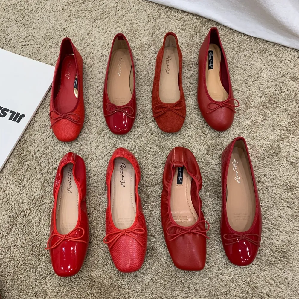 Retro Ultra-soft Women Shoe Spring Bow Red Flat Sole Single Shoe Leisure Comfortable Leather Shoe New Ballet Shoe Zapatos Mujer