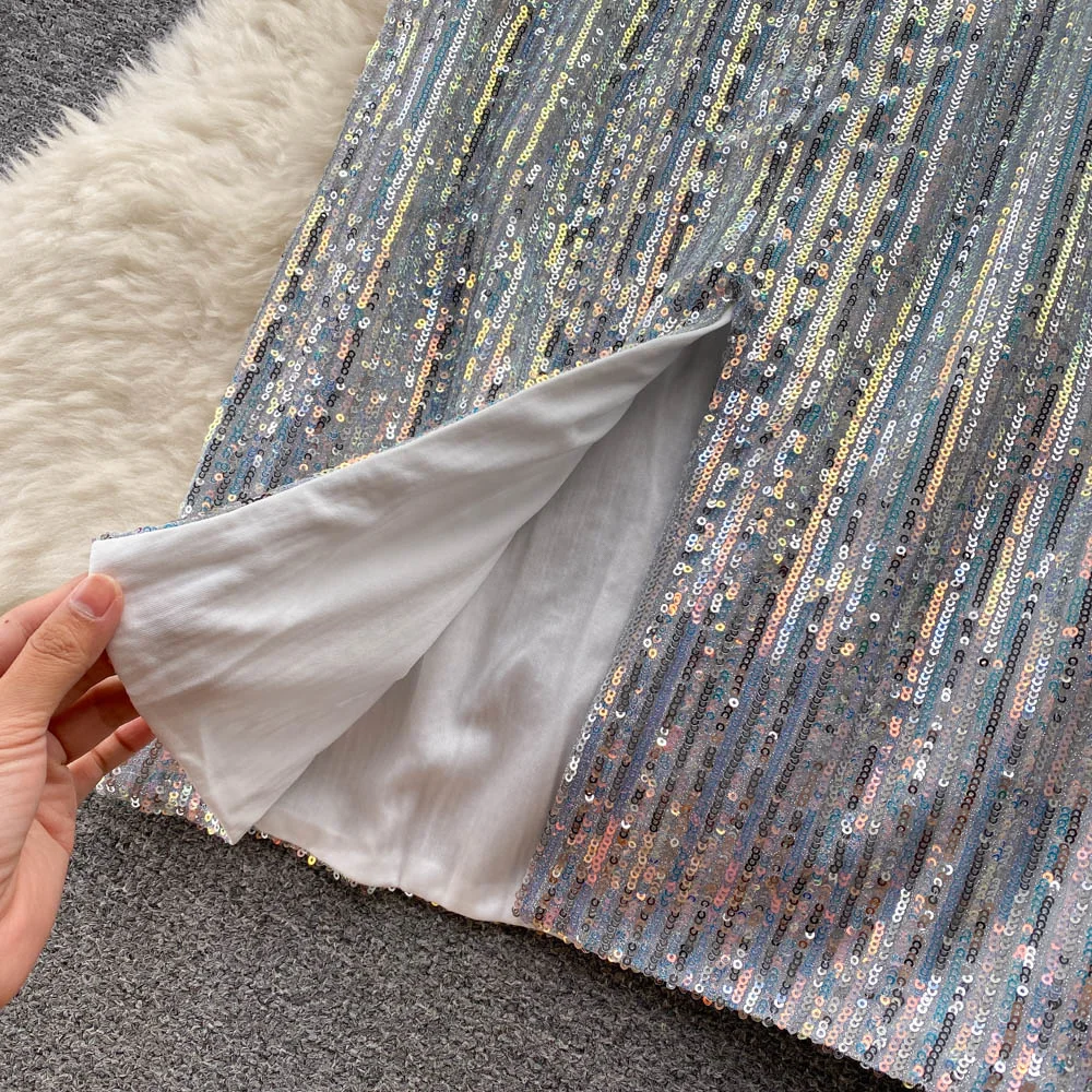 Сексуальное женское праздничное платье до середины икры с блестками без рукавов