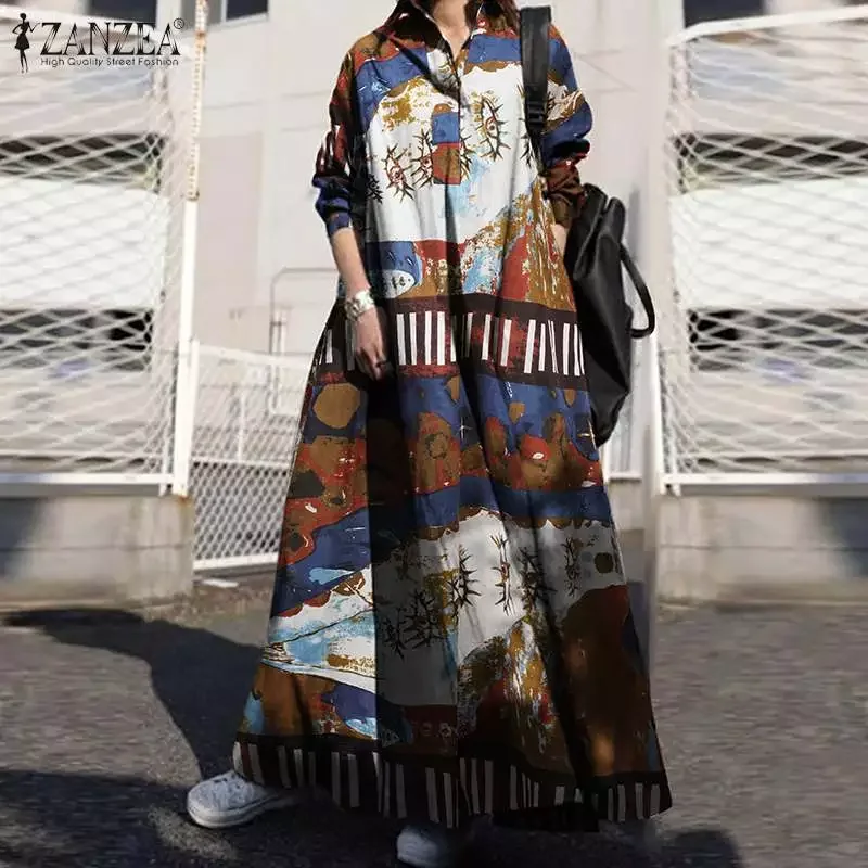 

Vintage Printed Shirt Dress Women's Autumn Sundress ZANZEA 2022 Casual Long Sleeve Maxi Vestidos Female Floral Button Robe S