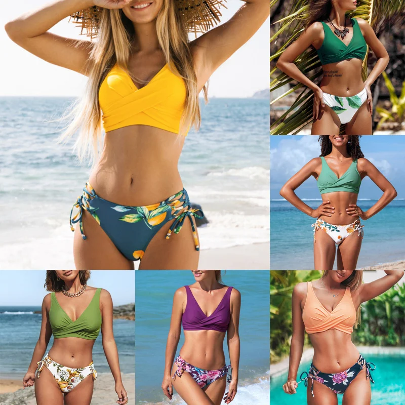 

Print Mid-Waist Bikini Sets Swimsuit Women Sexy Lace Up Two Pieces Swimwear 2022 New Beach Bathing Suits