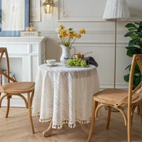 150cm round french crochet openwork tablecloth beige lace hollowed tablecloth with tassels track on the table tablecloths nordic