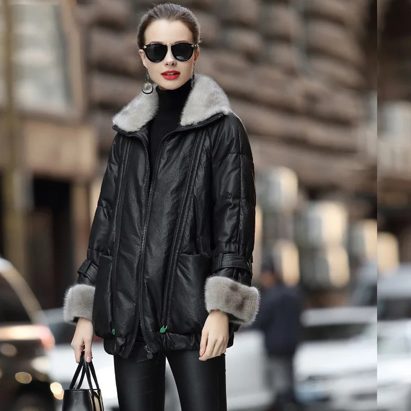 Leather Down Jacket Women's Winter Genuine Leather Coat Stand Collar Retro Embossed Sheepskin Mink Fur Leisure Loose Down Coat