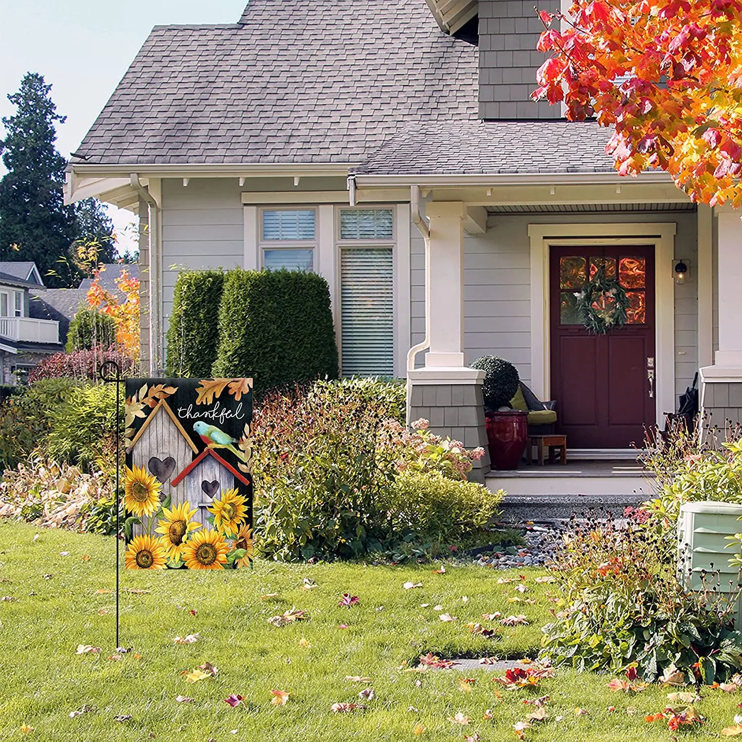 

Autumn Birds Decorative Thankful Fall Birdhouse Sunflower Garden Flag Banner for Outside House Yard Home Decorative