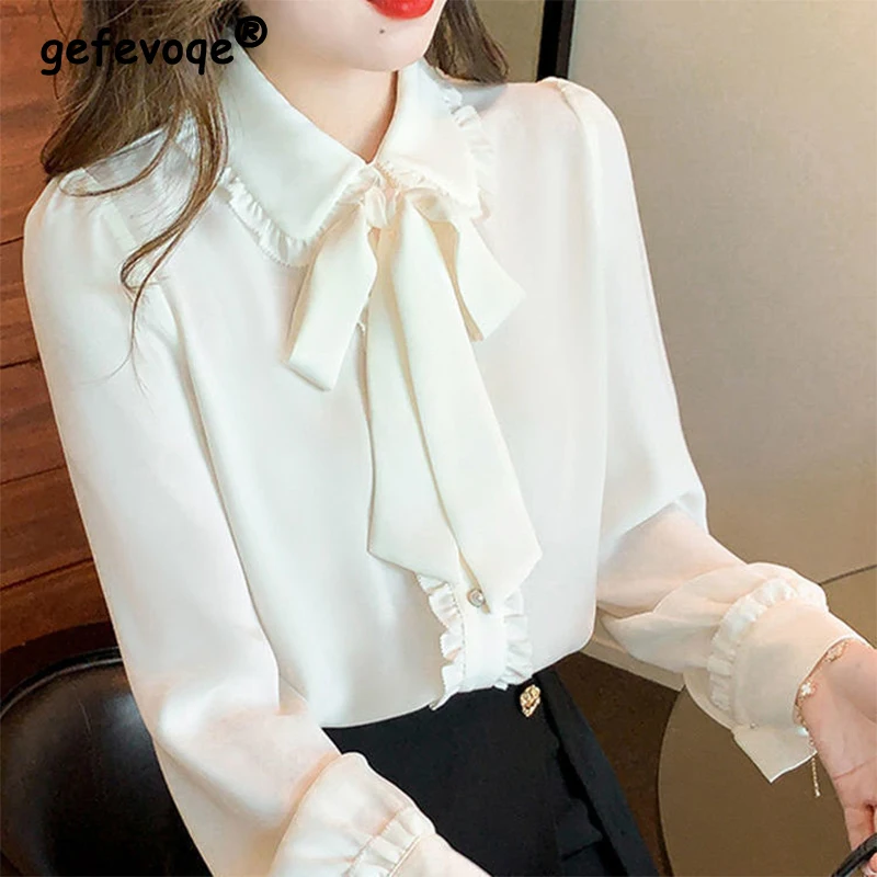 

Spring Summer Elegant Fashion White Bow Shirt Women's Temperament Button Up Top Ladies Long Sleeve Chiffon Blouse Femme Cardigan
