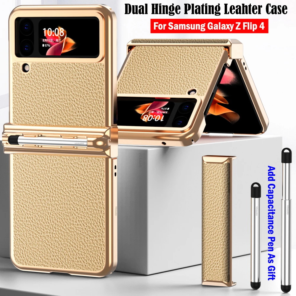 For Samsung Z Flip 4 Case Dual Hinge with Pen Slot Plating Leather Cover for Galaxy Z Flip 4 Hinge Case + Capacitance Touch Pen