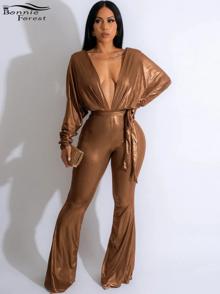 

Bonnie Forest Shiny Metallic Jumpsuits Fashion Long Sleeve Belted Wide Legs Jumpsuits Night Club Outfits Sexy Clubwear Overalls