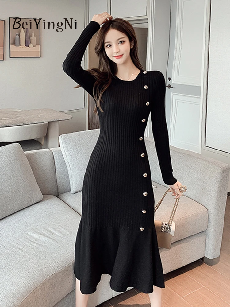 

Beiyingni Women Mermaid Dress Elegant O-neck Buttons Sexy French Black Midi Dresses Lady Ribbed Korean Full Sleeve Plain Vestido