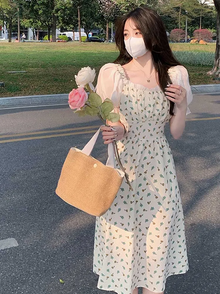 

Милое женское платье, модное дизайнерское платье миди с пышными рукавами, Простые Платья с цветочным принтом для женщин, лето 2022, женские пл...