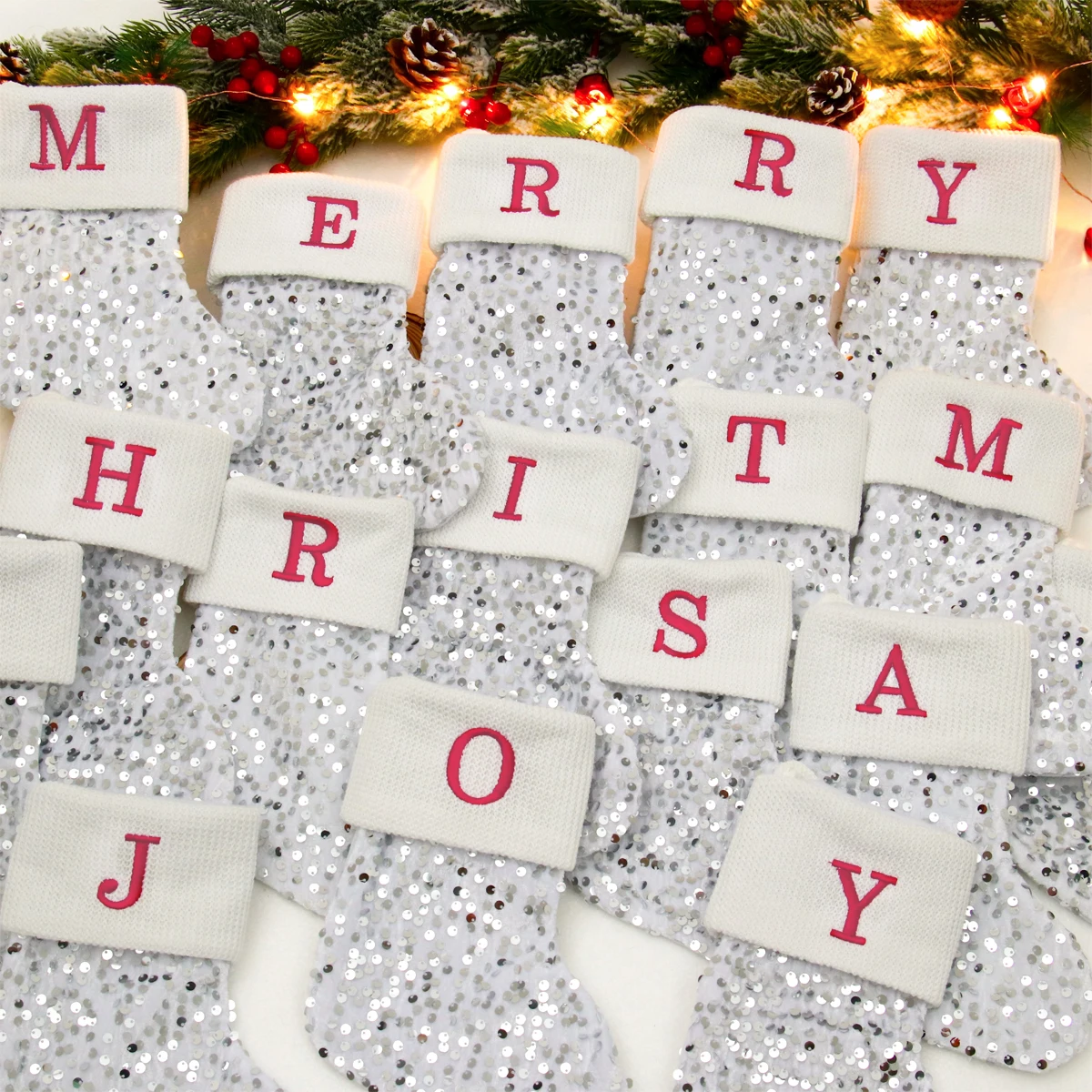 

Merry Christmas Socks Silver Snowflake Alphabet Letters Xmas Tree Pendant Stocking Christmas Decoration for Home New Year 2024
