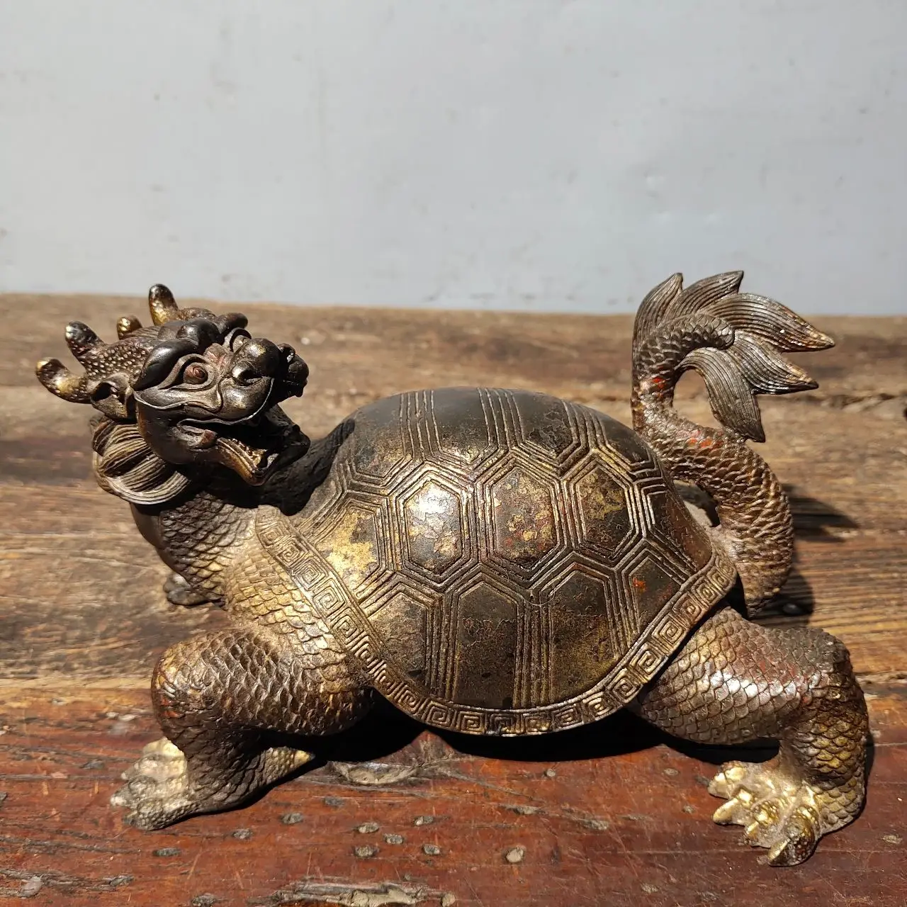 

9"Tibet Temple Collection Old Bronze Cinnabar Mud gold Dragon Turtle Statue Divine beast Amass wealth Ornaments Town house
