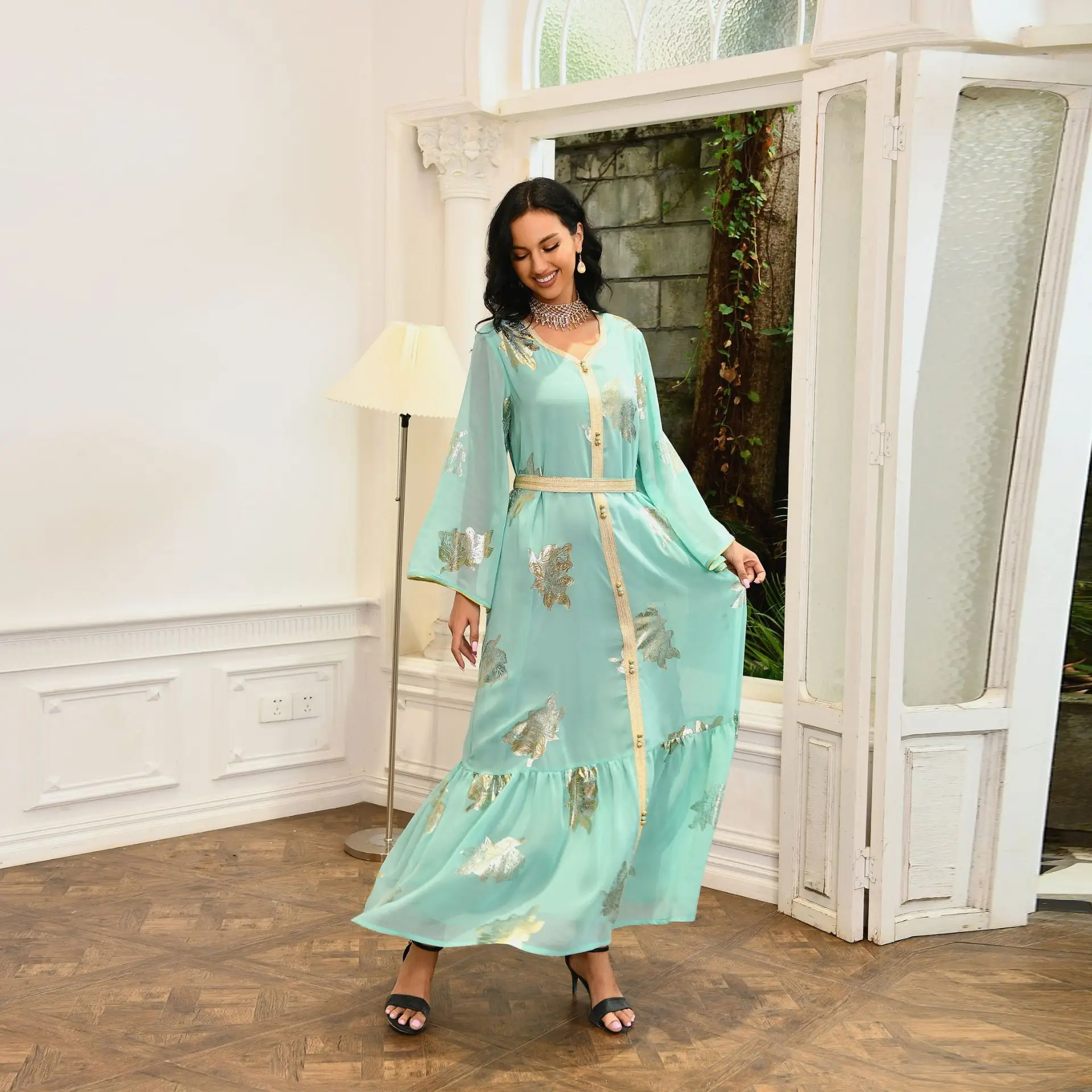 2023 New Fashion Hot Stamping Chiffon Bronzing Plus Size Dress Abaya Dubai Muslim Dress Women Abendkleider Elegant Für Hochzeit