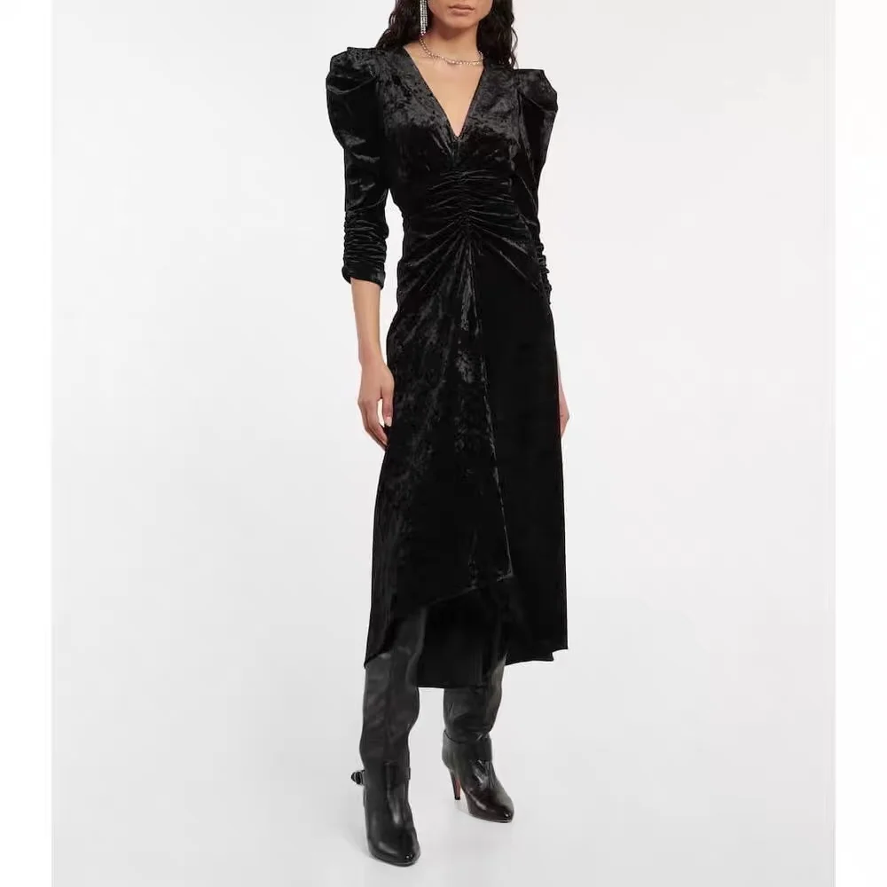 

Women's French V-neck Three-Quarter Sleeve Black Velvet Dress